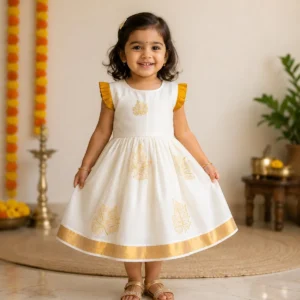 Baby Girls Kerala Kasavu Onam Embroidery Dress Off White