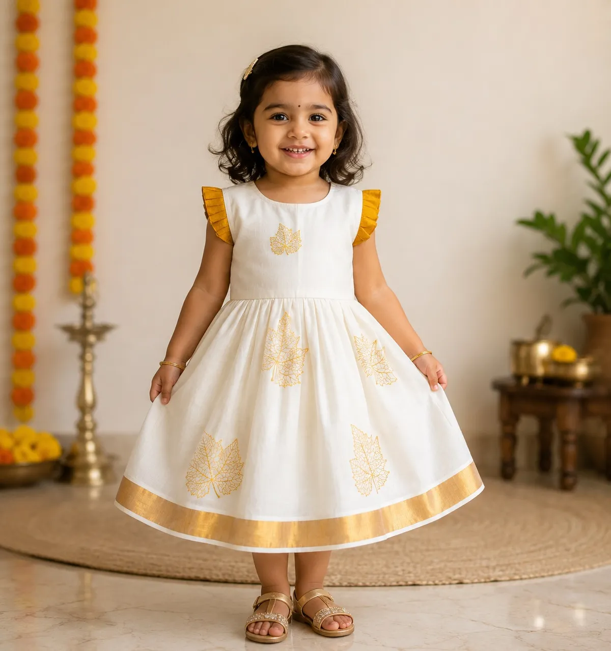 Baby Girls Kerala Kasavu Onam Embroidery Dress Off White