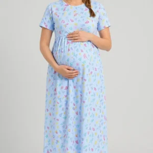 Short Sleeve Round Neck Feeding Maternity Dress with Pockets