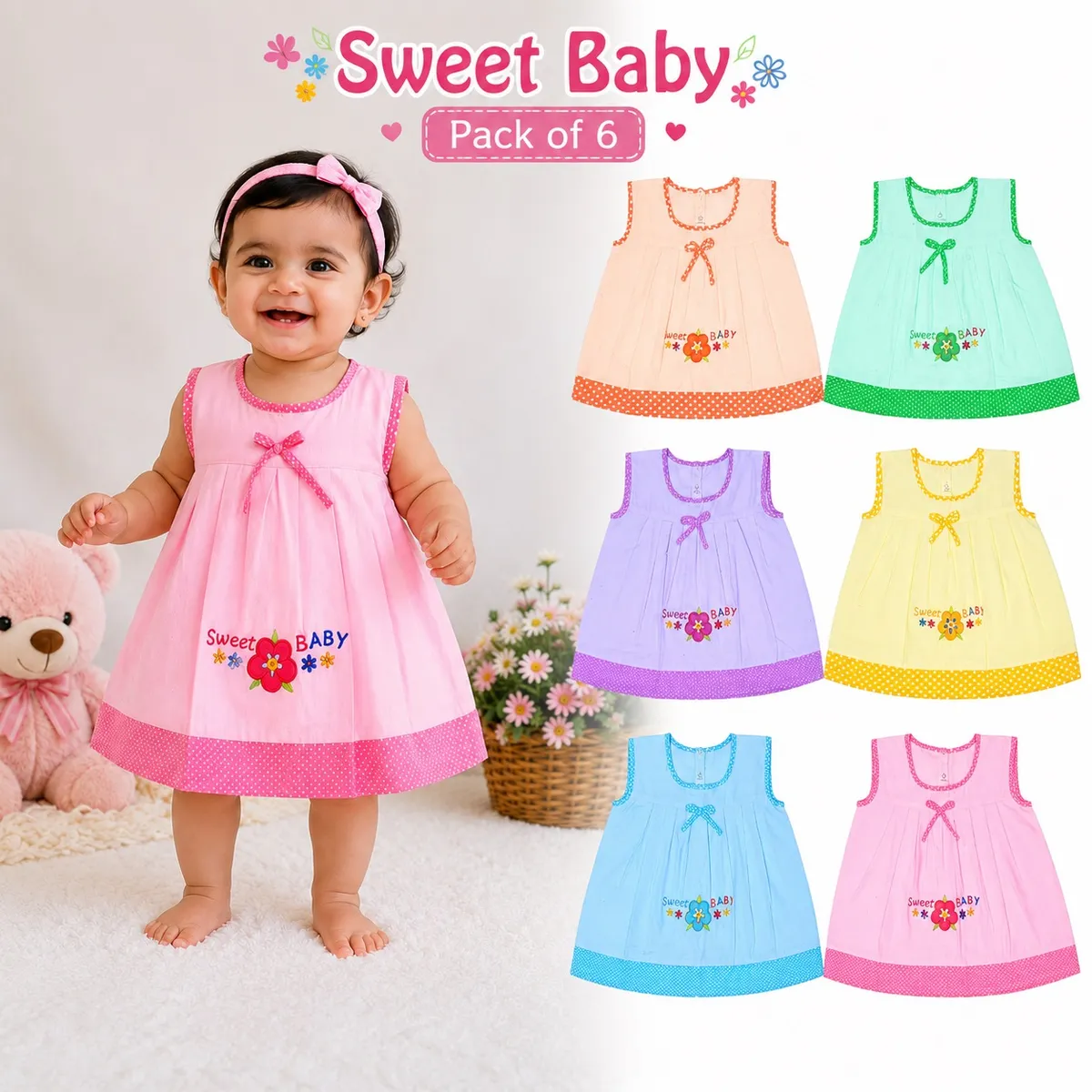 MangoPies Baby Girls Cotton Embroidery Knee-Length Dresses Pack of 6
