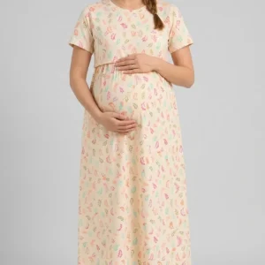 Cream Floral Print Maternity Nursing Dress for Women