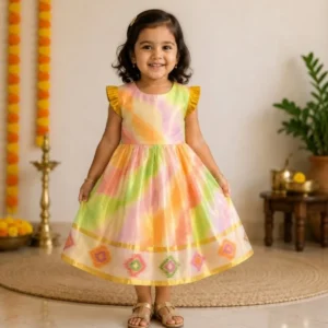 Multicolor Kerala Onam Tissue  Dress for Girls