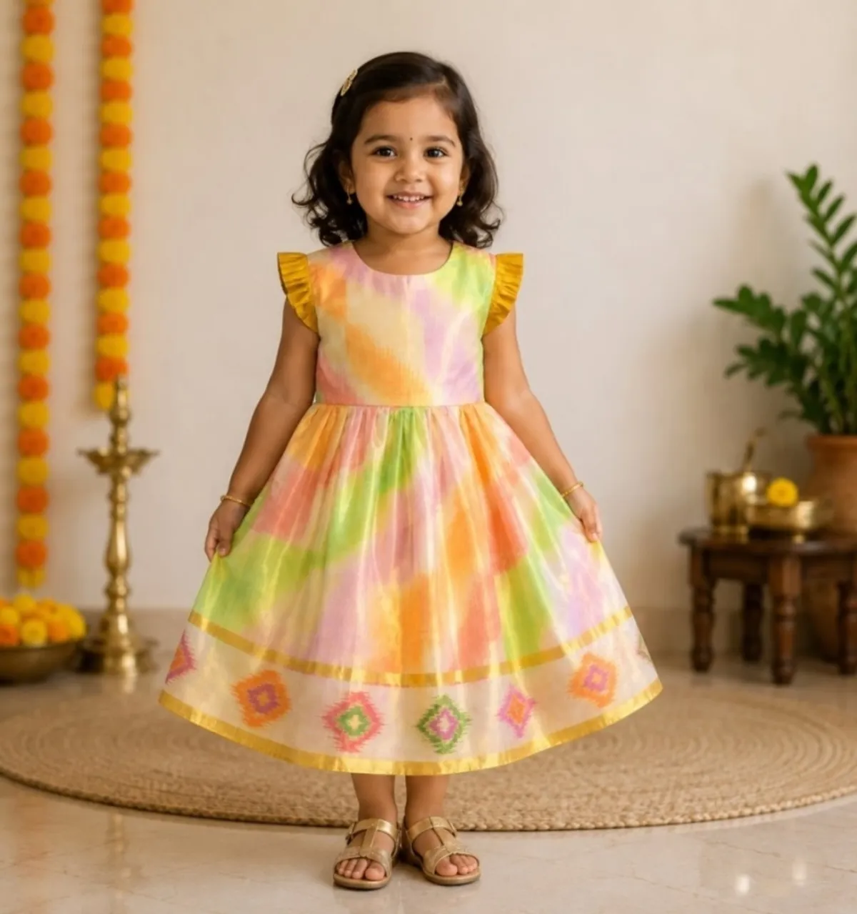Multicolor Kerala Onam Tissue  Dress for Girls