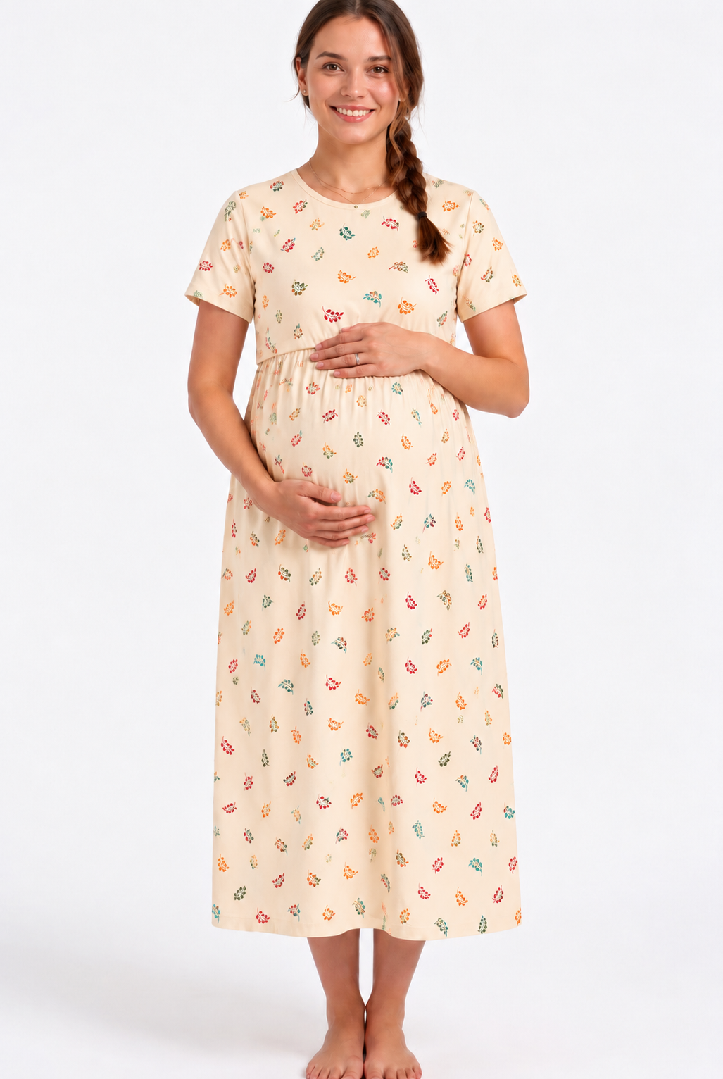 Cream Floral Print Maternity Nursing Dress for Women