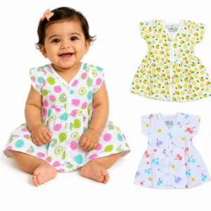 MangoPies Baby Girls Muslin Cotton Printed Frocks Pack of 3