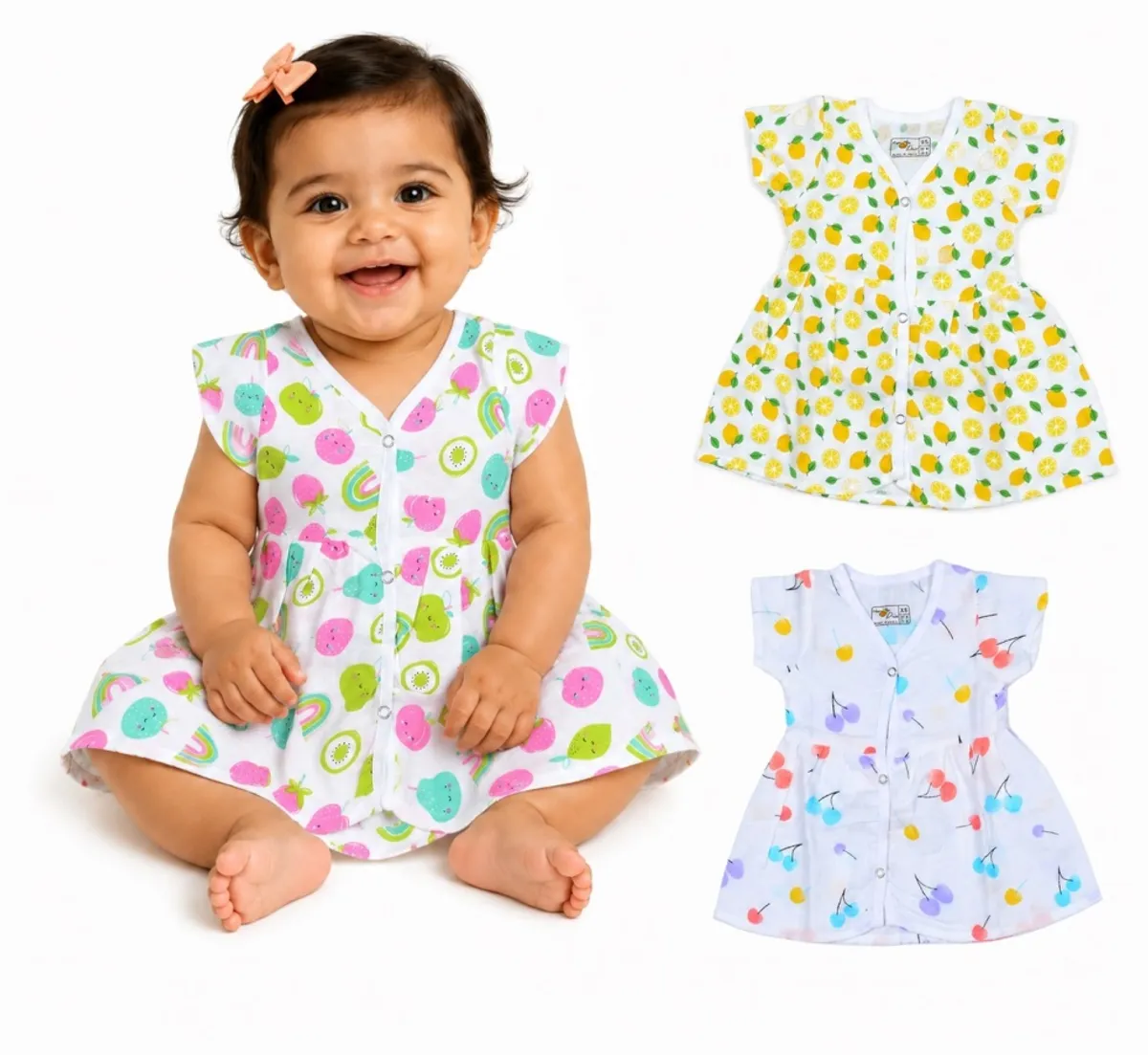MangoPies Baby Girls Muslin Cotton Printed Frocks Pack of 3