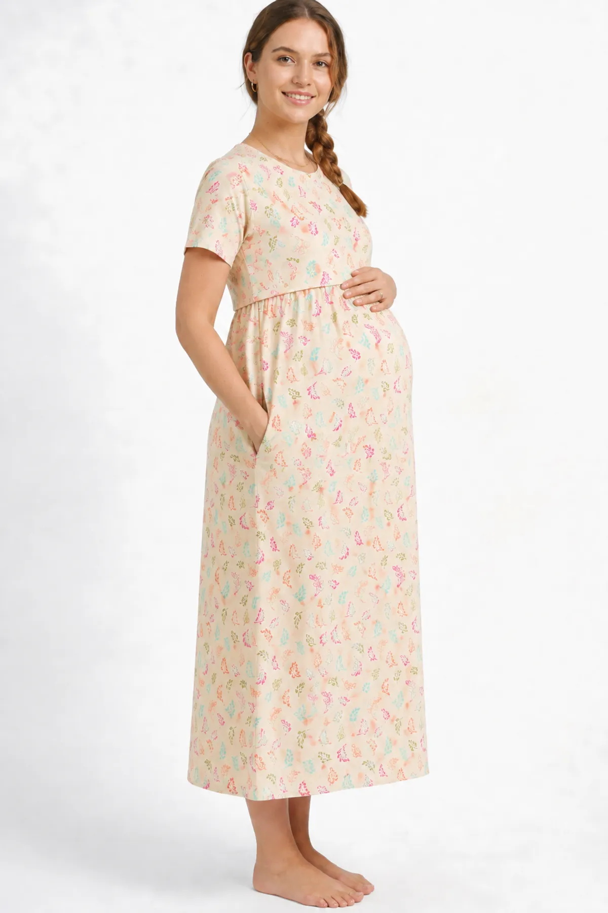 Cream Floral Print Maternity Nursing Dress for Women - Image 5