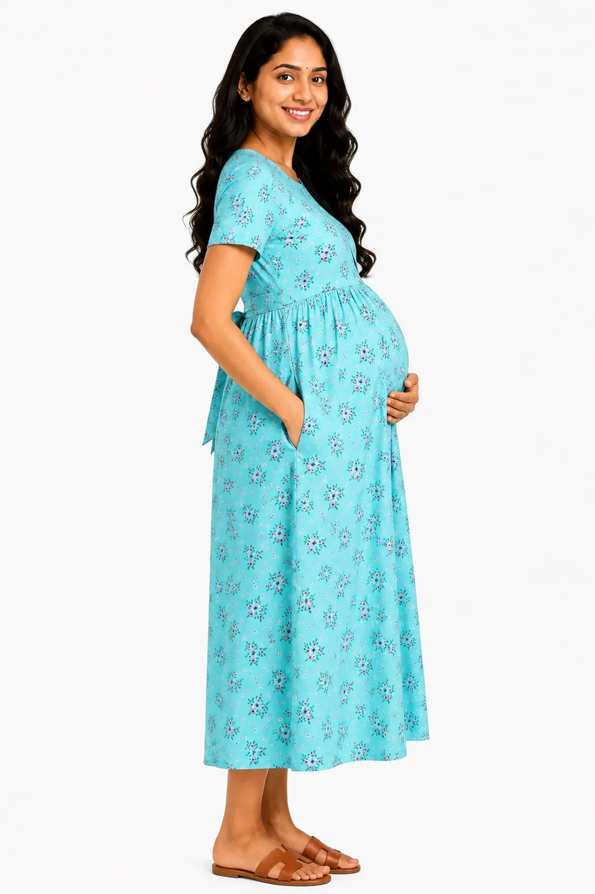 Green Floral Print Maternity Nursing Dress for Women - Image 3