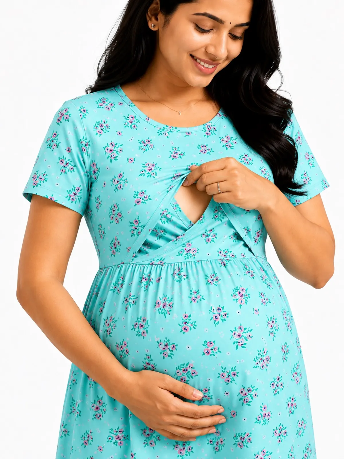 Green Floral Print Maternity Nursing Dress for Women - Image 2