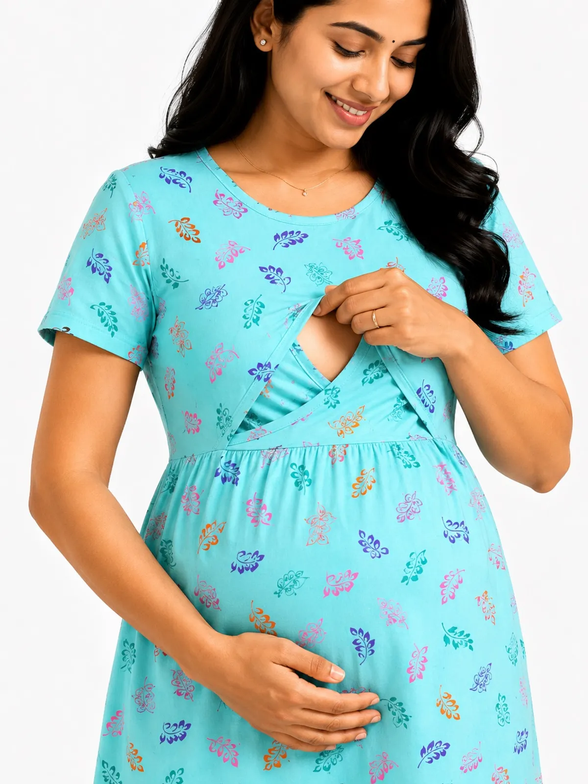 Green Leaf Print Maternity Nursing Dress for Women - Image 2