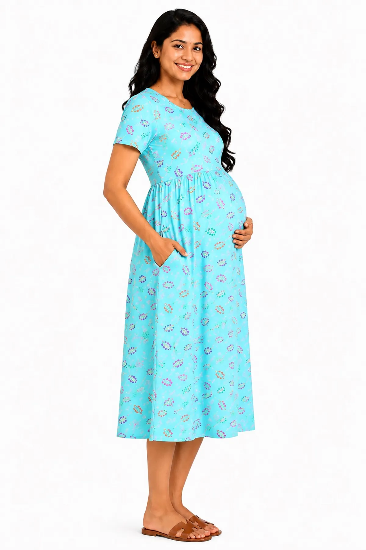 Green Leaf Print Maternity Nursing Dress for Women - Image 3