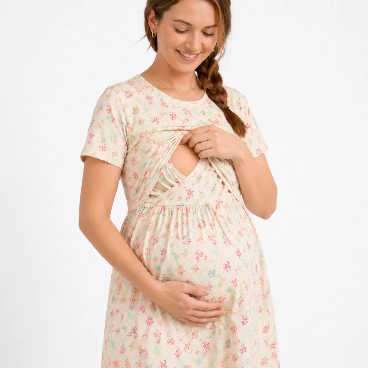 Cream Floral Print Maternity Nursing Dress for Women - Image 3