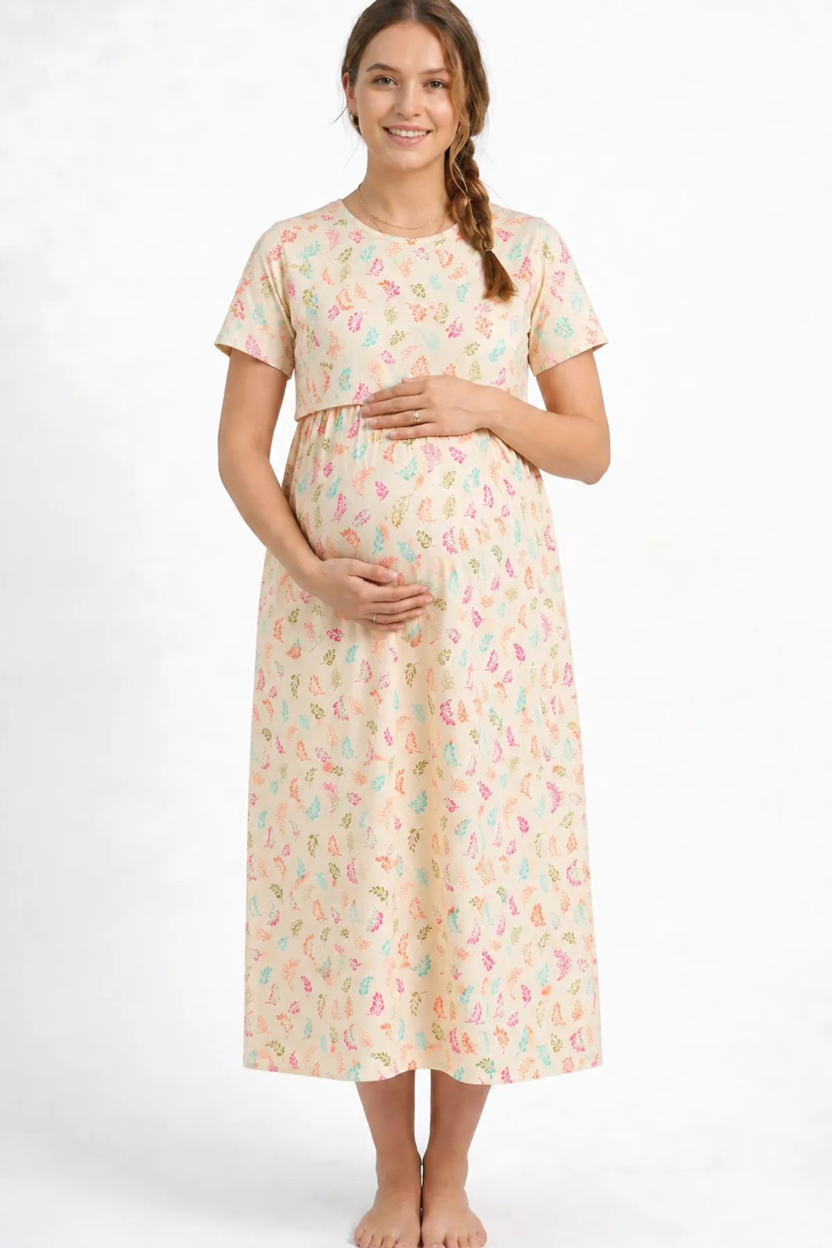 Cream Floral Print Maternity Nursing Dress for Women - Image 2