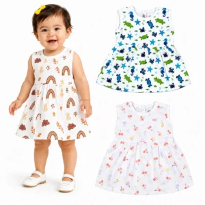 MangoPies Baby Girls Organic Muslin Cotton Printed Dress White Pack of 3