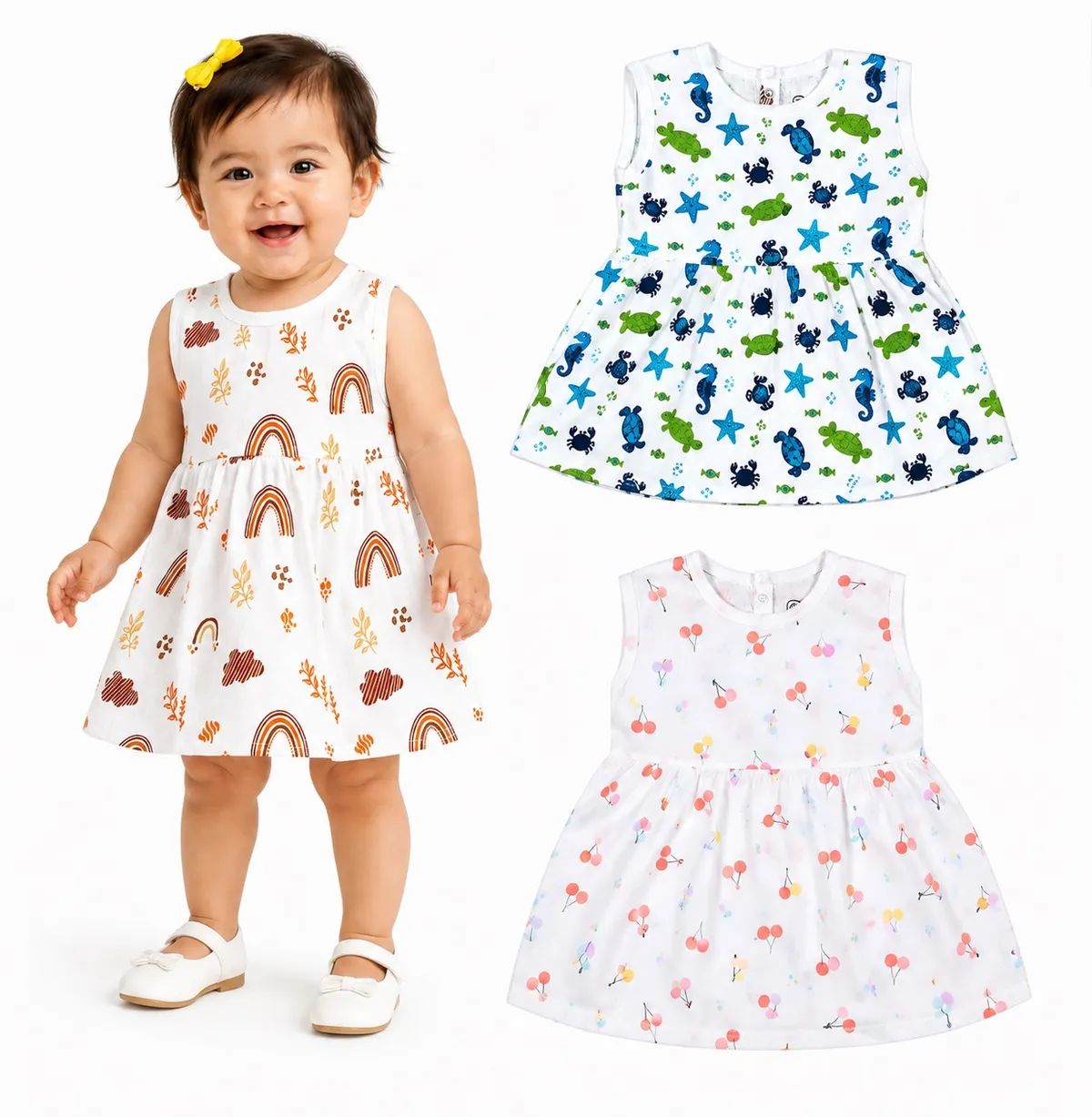 MangoPies Baby Girls Organic Muslin Cotton Printed Dress White Pack of 3