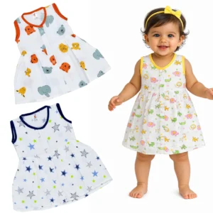 White Printed Sleeveless Dress for Baby Girls Pack of 3