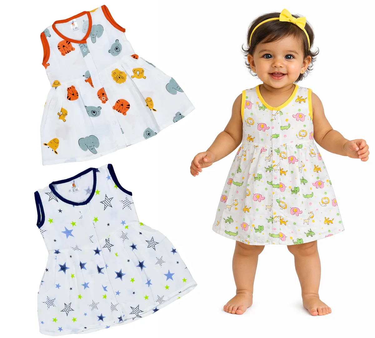 White Printed Sleeveless Dress for Baby Girls Pack of 3
