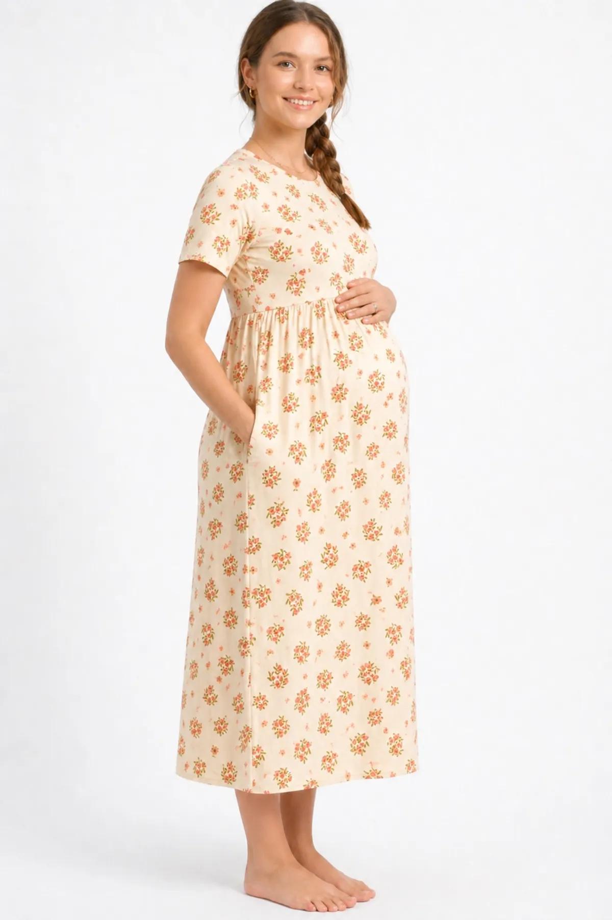 Cream Floral Maternity Dress for Women - Image 2