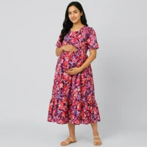 Pink Floral Maternity Fit And Flare Dress for Women