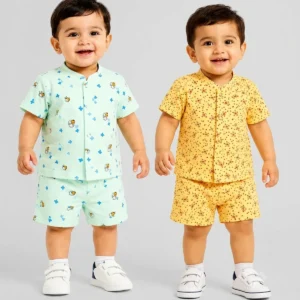 Mint Green Printed Shirt And Shorts Set for Boys