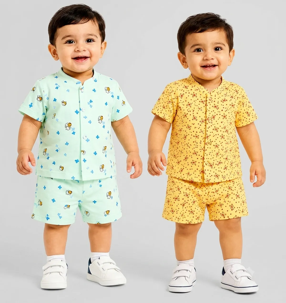 Mint Green Printed Shirt And Shorts Set for Boys