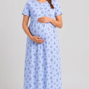 Light Blue Floral Print Maternity Nightdress for Women