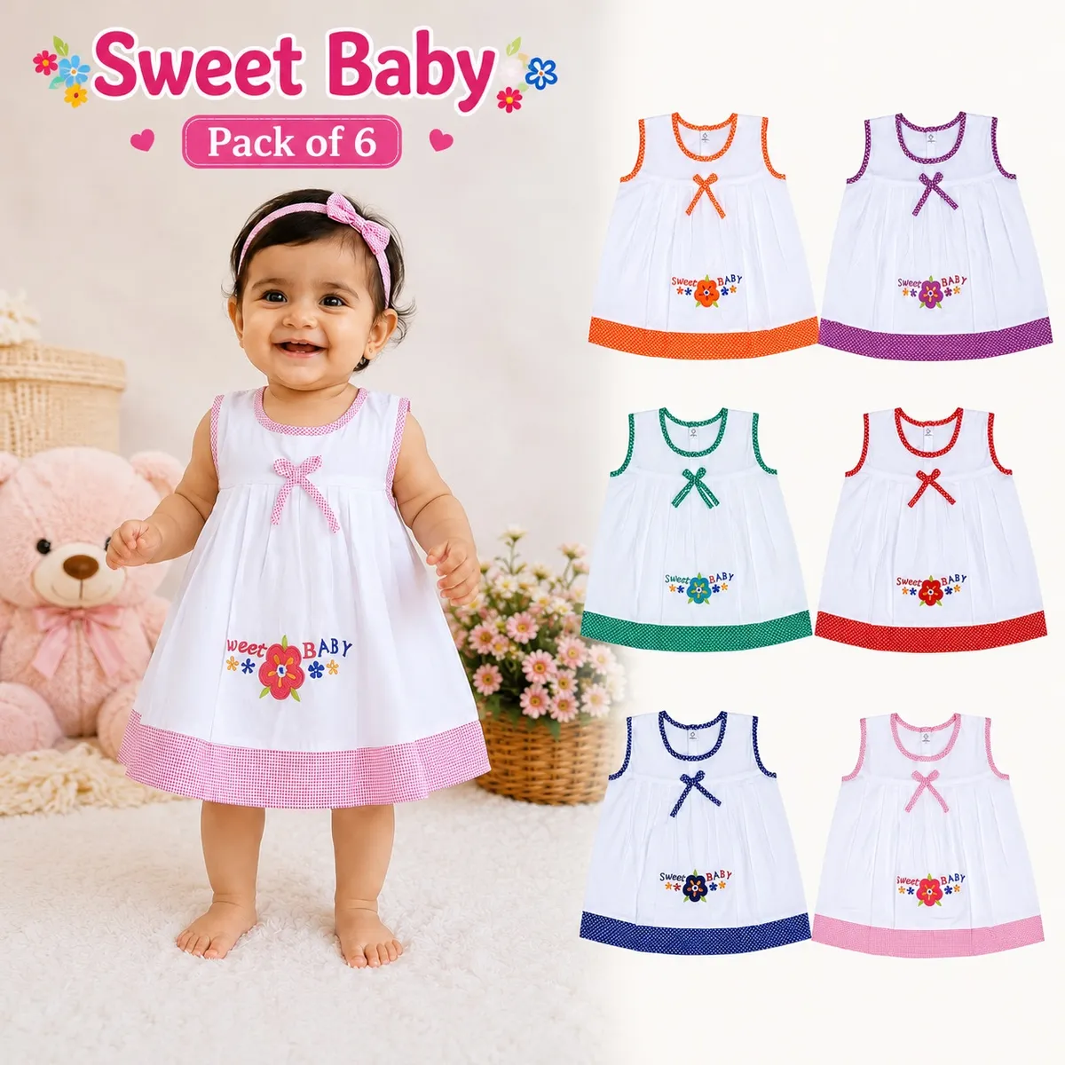 White Sleeveless Cotton Frock for Baby Girls Pack of 6
