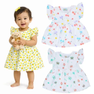 MangoPies Baby Girls Muslin Organic Cotton Cute Printed Dresses Pack of 3