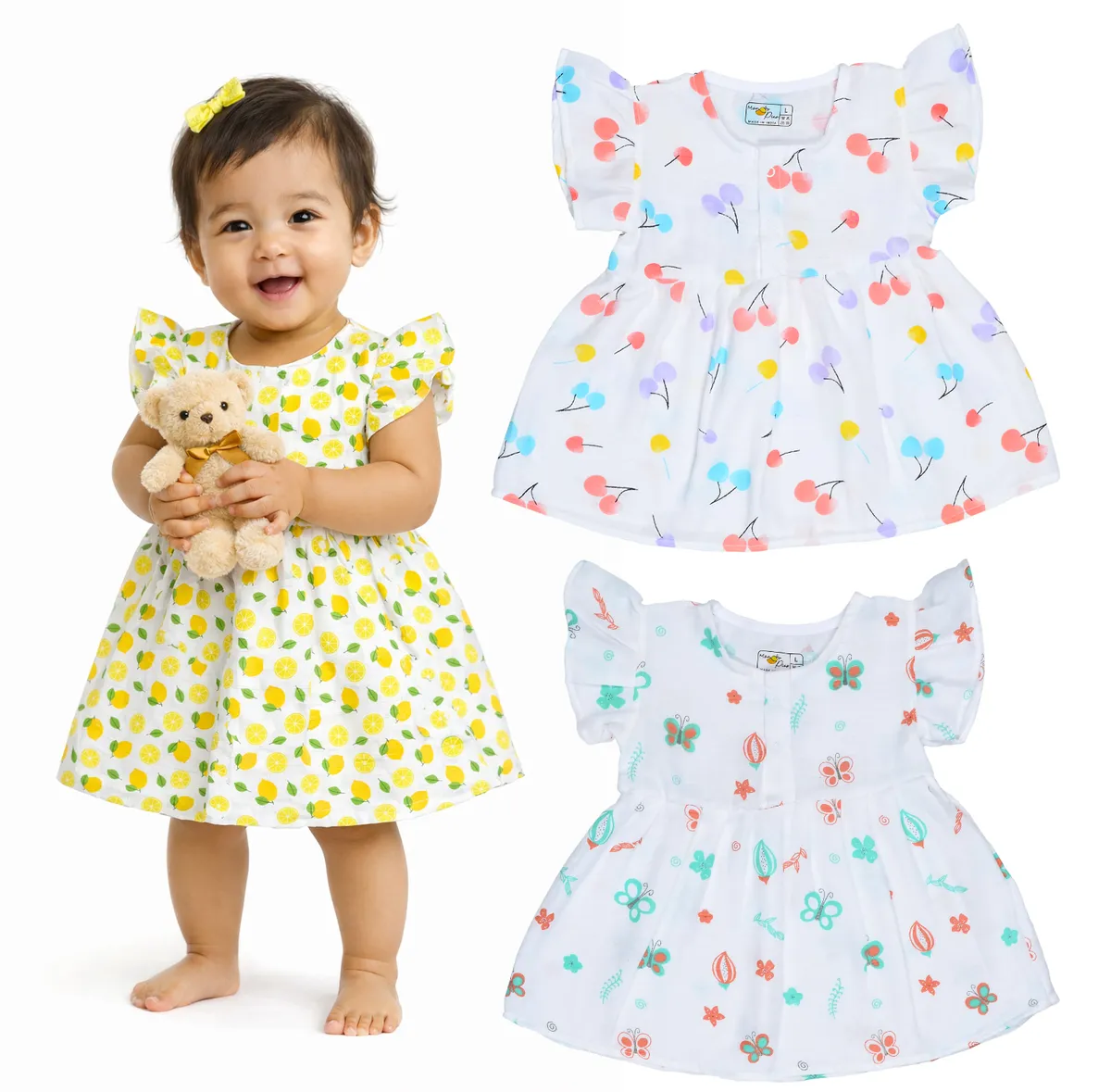 MangoPies Baby Girls Muslin Organic Cotton Cute Printed Dresses Pack of 3