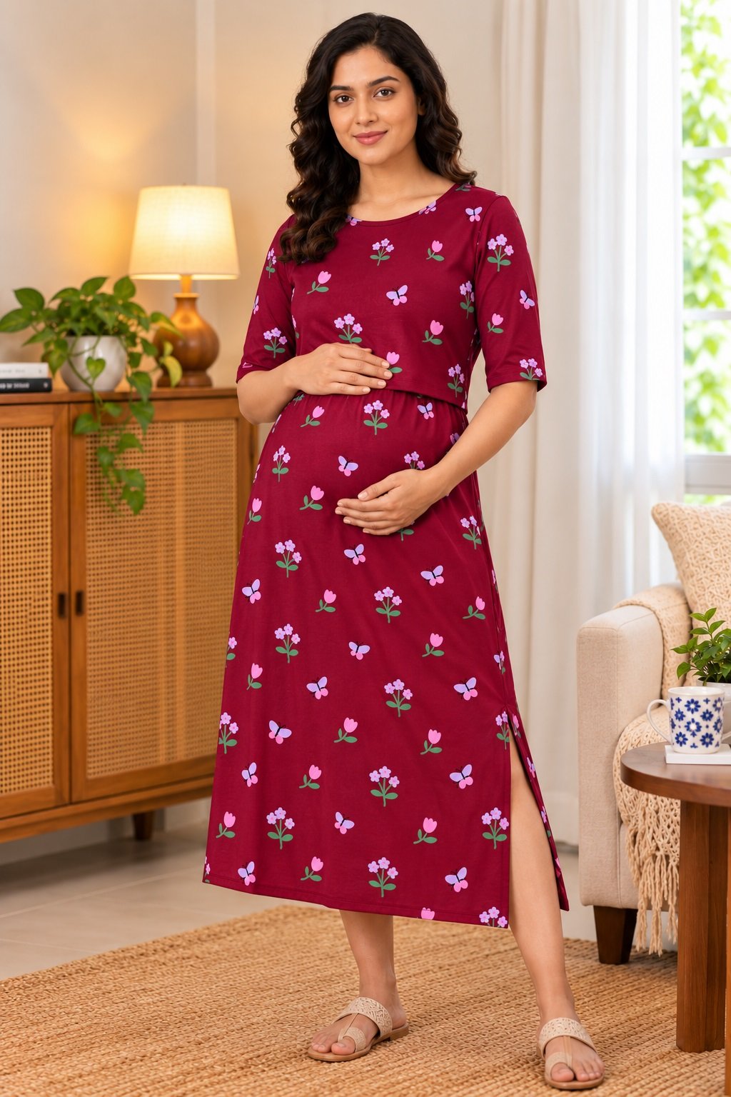 MangoPies 100% Cotton  Printed Women Maternity Feeding Dress