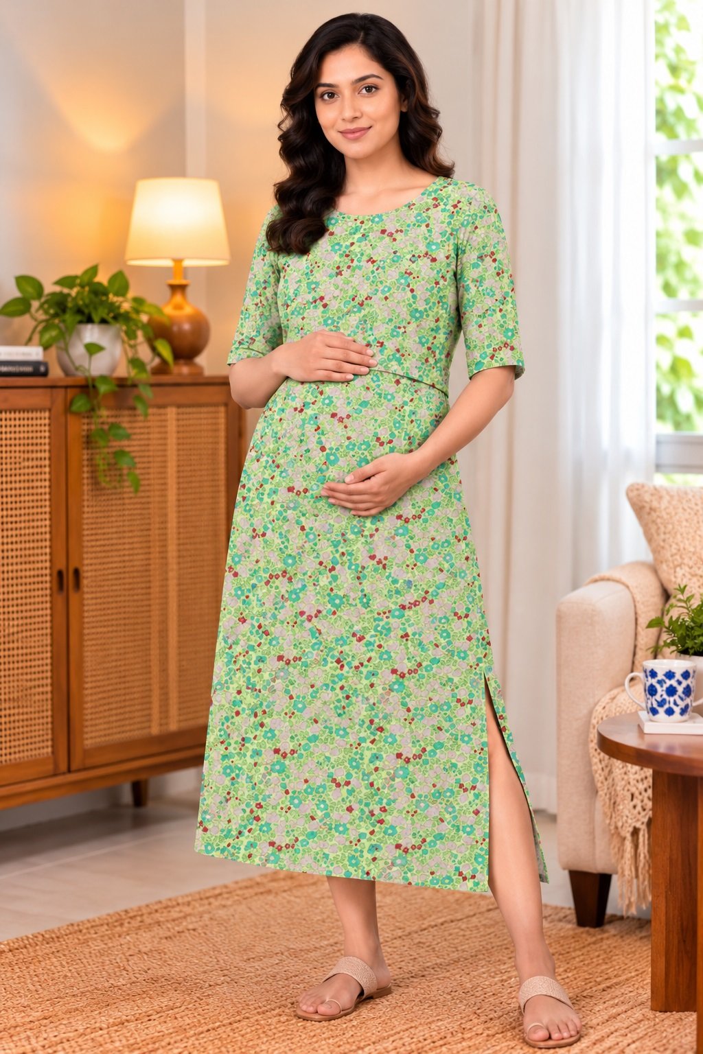 MangoPies 100% Cotton  Printed Women Maternity Feeding Dress