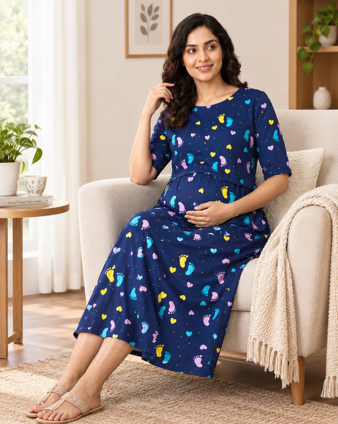 MangoPies 100% Cotton Printed Women Maternity Feeding Dress - Image 3